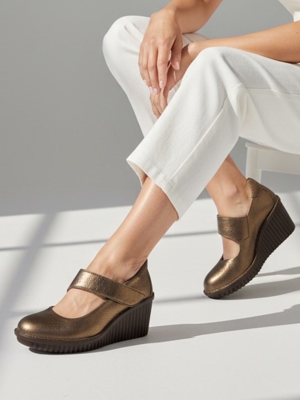 Bionica Metallic Bronze Mary Jane Platform Wedges Women Size 7